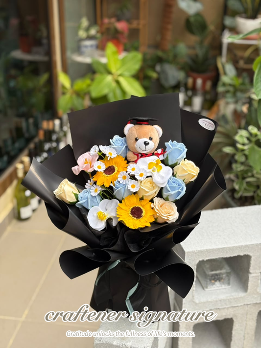 Craftener Signature Graduation Sunshine Teddy Soap Flower Bouquet