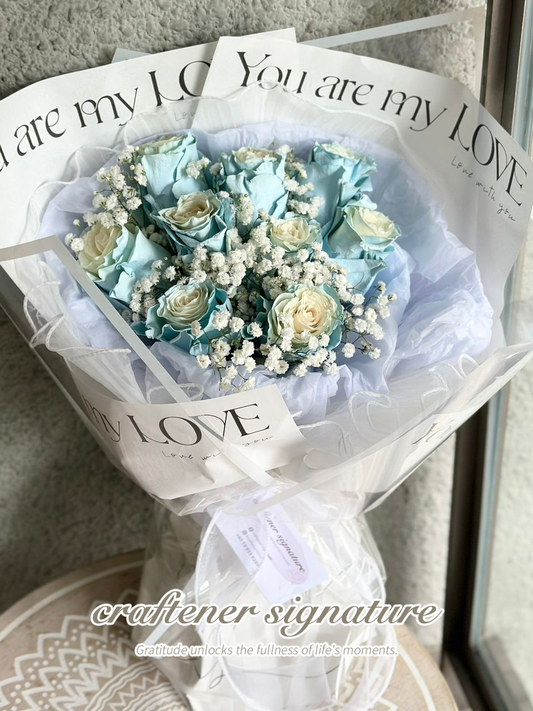 Dance of Blue Roses and Baby’s Breath in Love