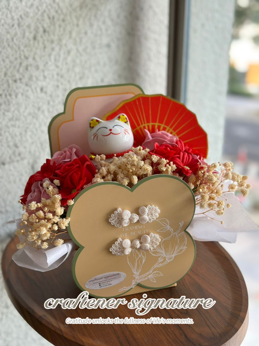 Qi Pao Fortune Cat Abundance Soap Flower Basket #12