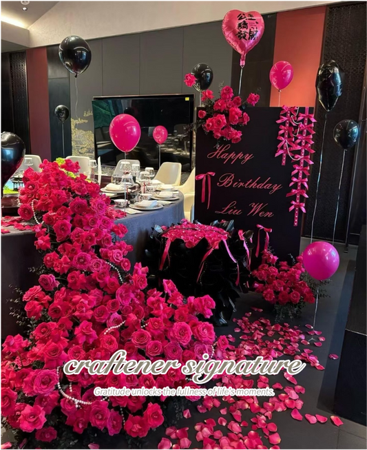 Luxury Hot Pink Rose Birthday Decoration Set with Custom Sign & Balloon Styling