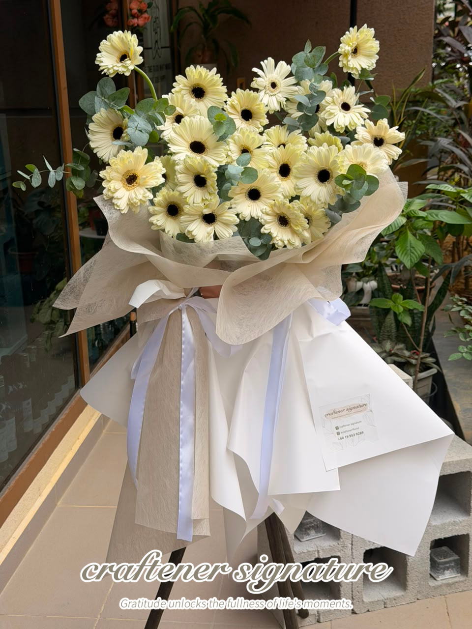 Craftener Signature White Gerbera Condolence Flower Stand