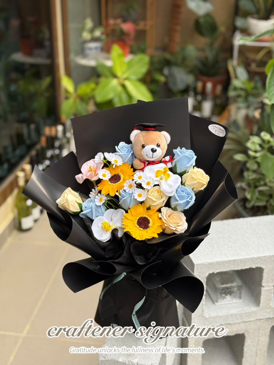 Craftener Signature Graduation Sunshine Teddy Soap Flower Bouquet