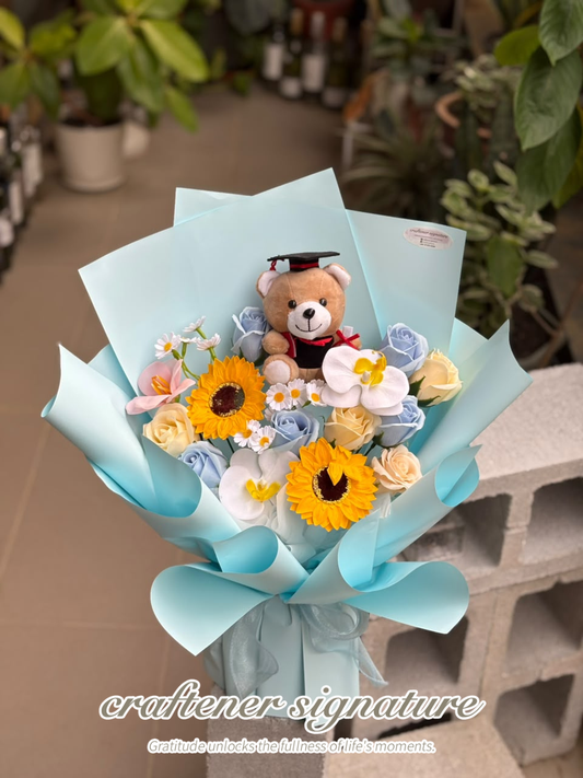 Craftener Signature Graduation Blue Sunshine Teddy Soap Flower Bouquet