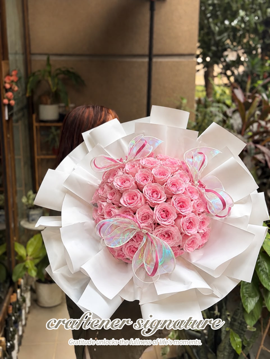 Craftener Signature Triple Bow Rose Bouquet （33） Pink Roses